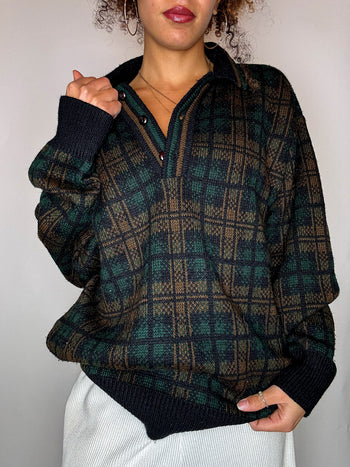 Pull col chemise à carreaux M vintage
