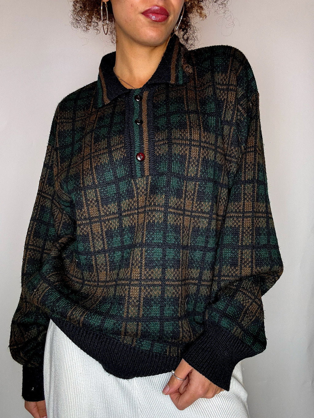 Pull col chemise à carreaux M vintage