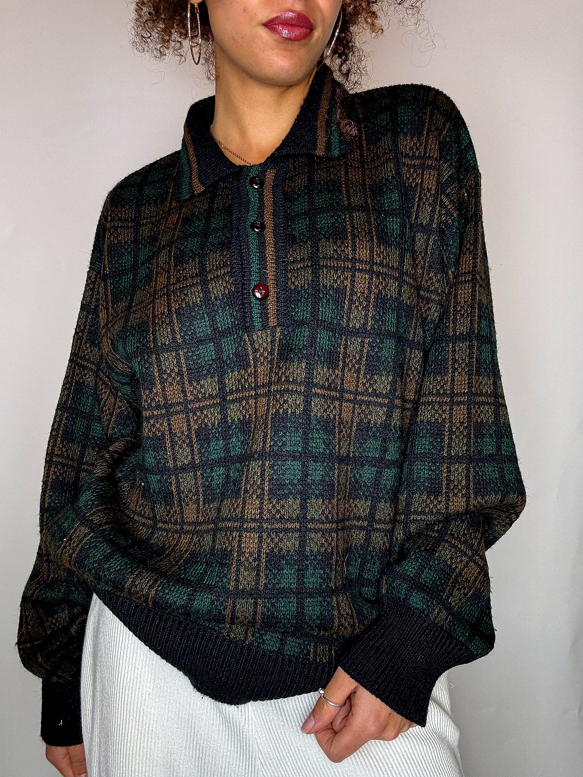 Pull col chemise à carreaux M vintage