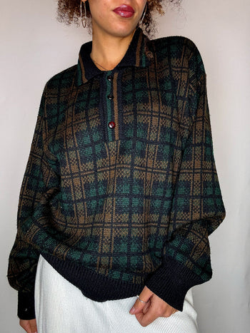 Pull col chemise à carreaux M vintage