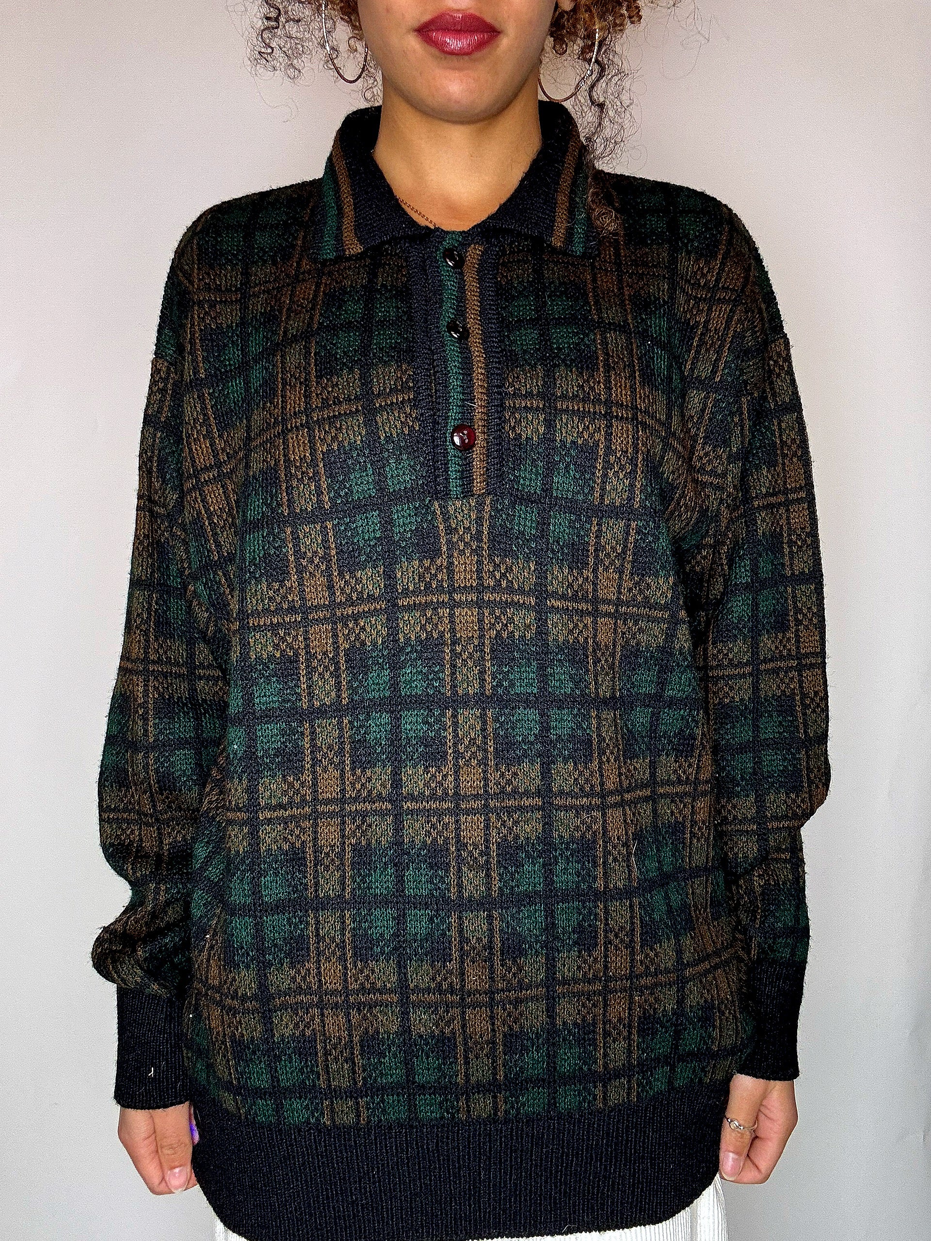 Pull col chemise à carreaux M vintage