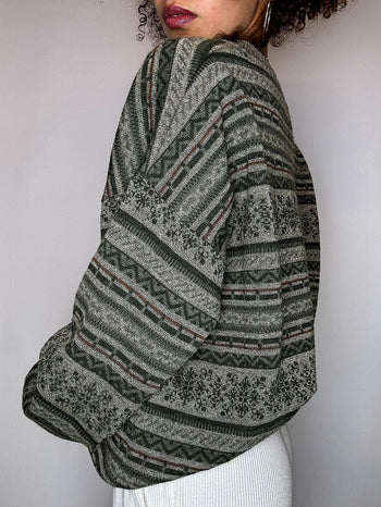 Pull col V graphique kaki clair M vintage