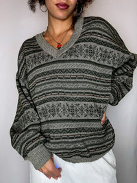 Pull col V graphique kaki clair M vintage