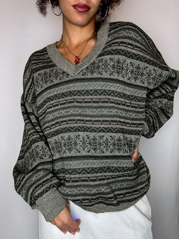 Pull col V graphique kaki clair M vintage