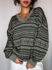 Pull col V graphique kaki clair M vintage