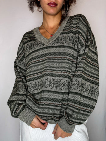 Pull col V graphique kaki clair M vintage