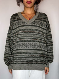 Pull col V graphique kaki clair M vintage