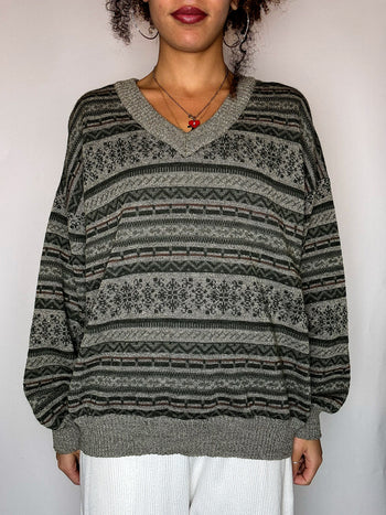 Pull col V graphique kaki clair M vintage