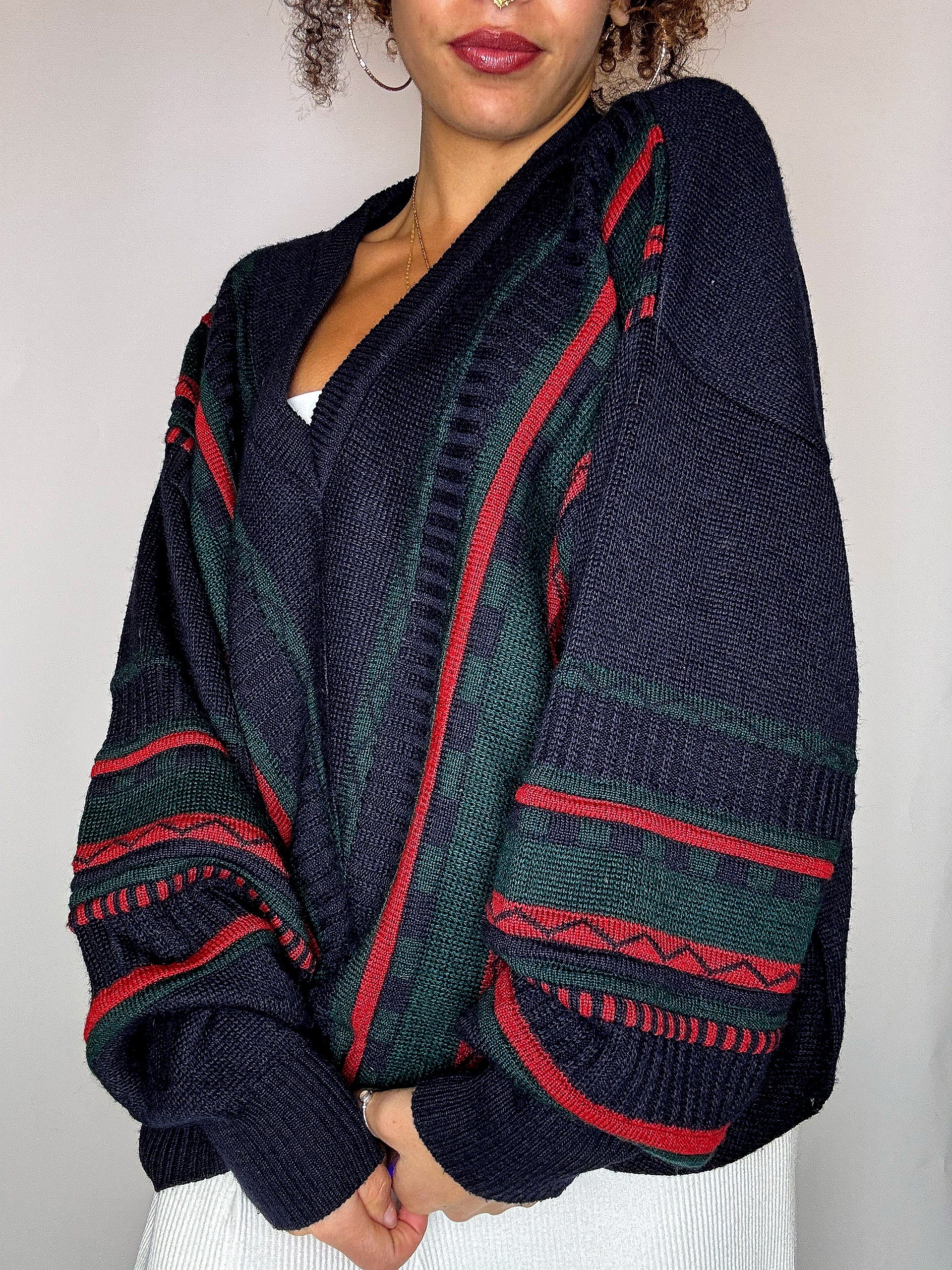 Pull col V avec lignes marine XL vintage