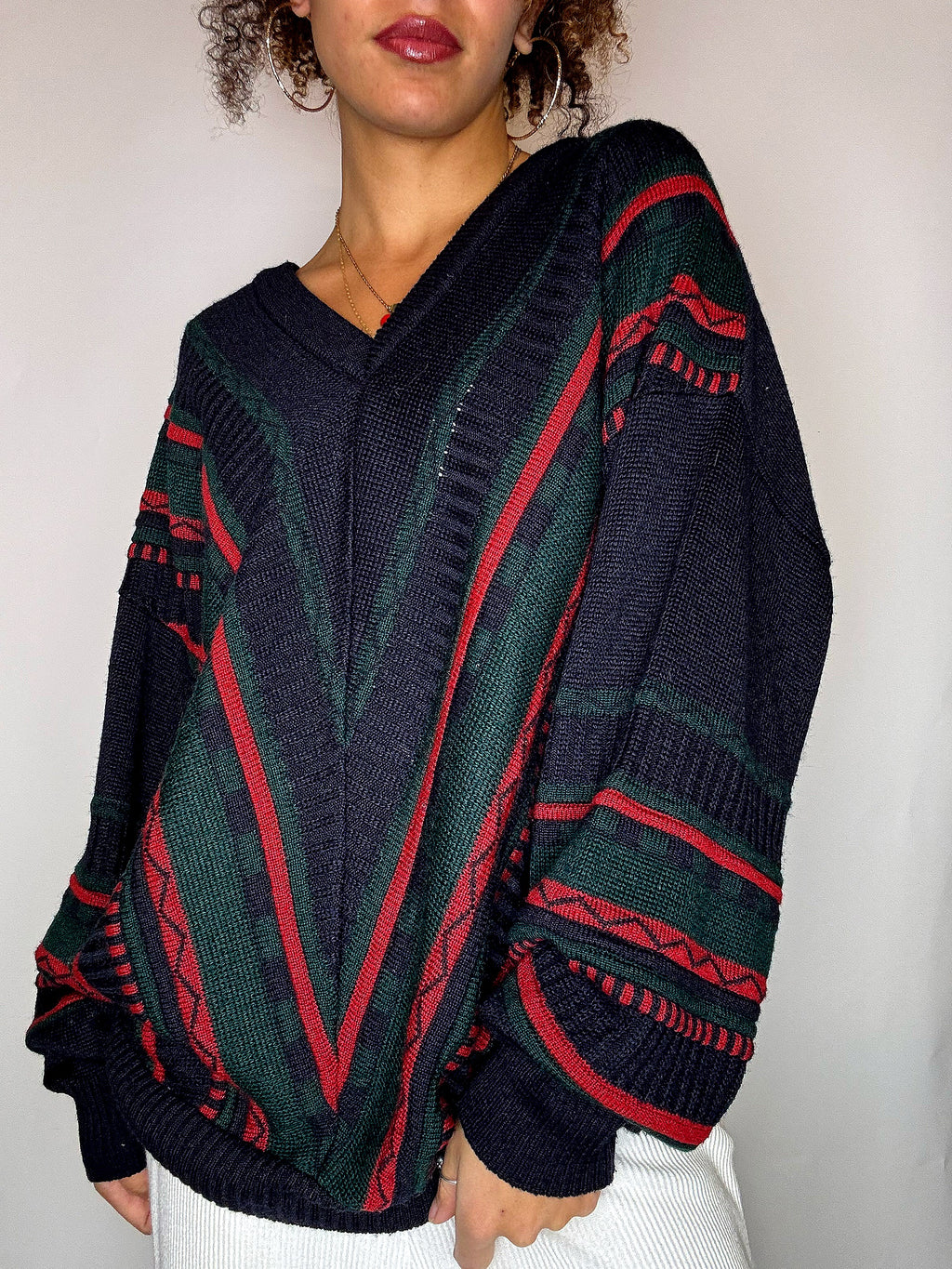 Pull col V avec lignes marine XL vintage
