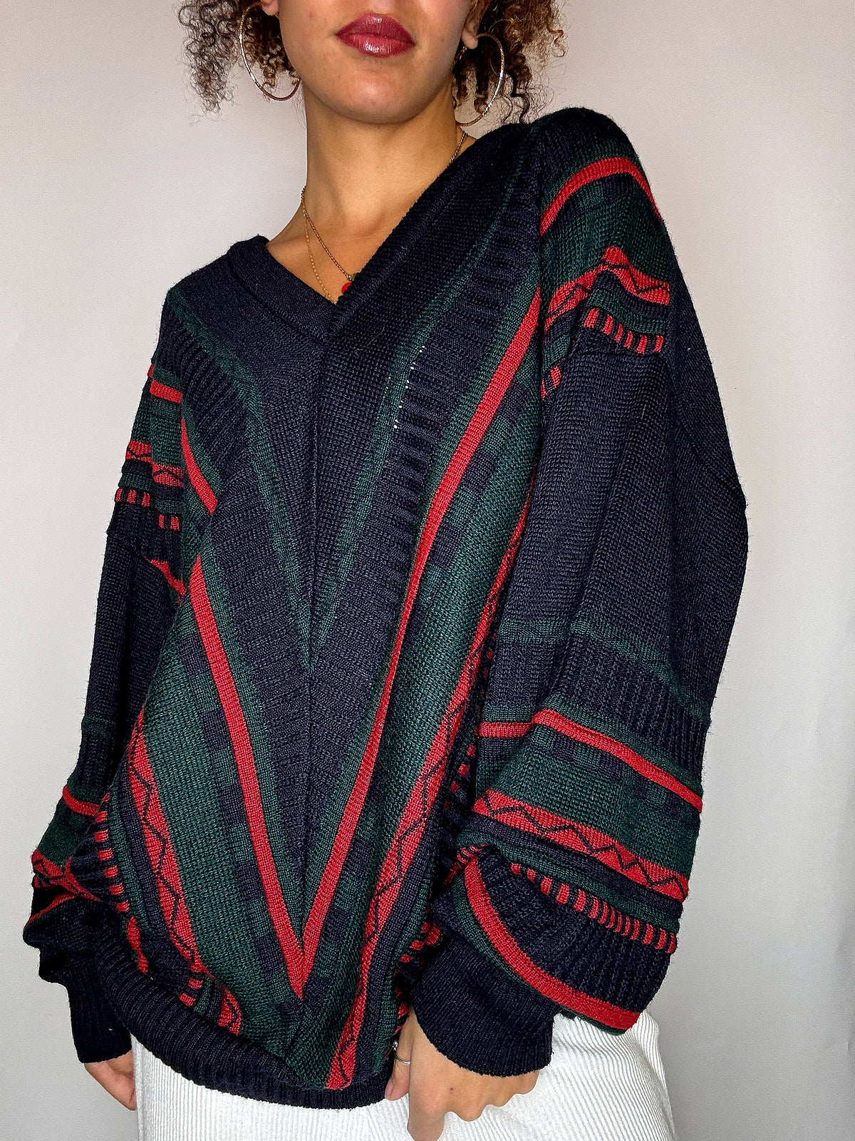 Pull col V avec lignes marine XL vintage