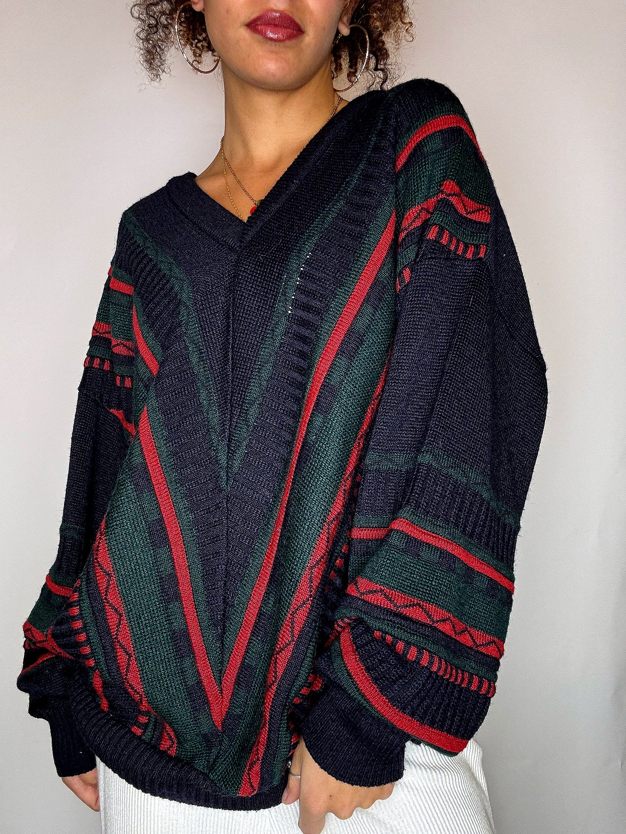 Pull col V avec lignes marine XL vintage