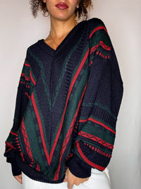 Pull col V avec lignes marine XL vintage