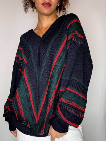 Pull col V avec lignes marine XL vintage