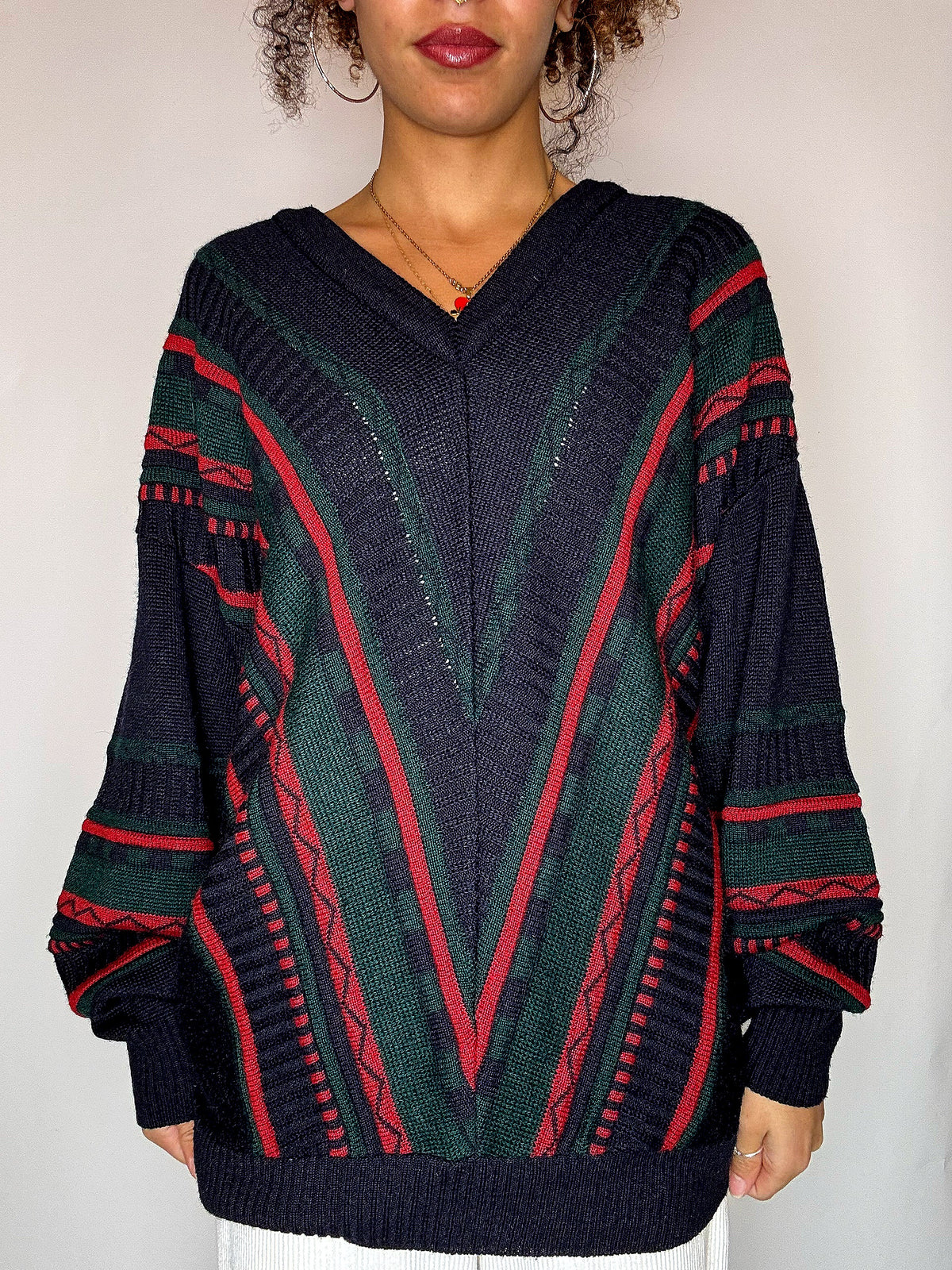 Pull col V avec lignes marine XL vintage