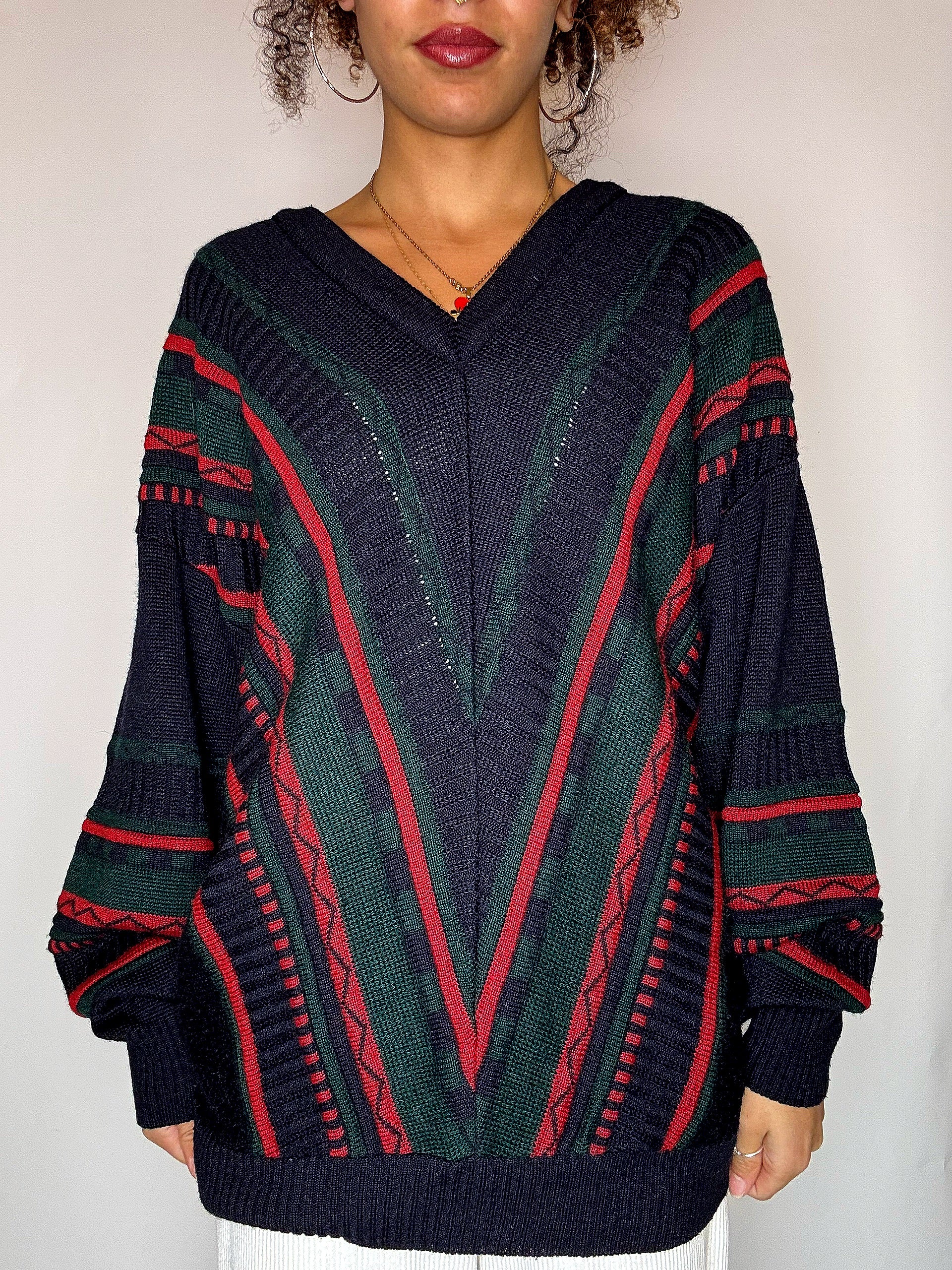 Pull col V avec lignes marine XL vintage
