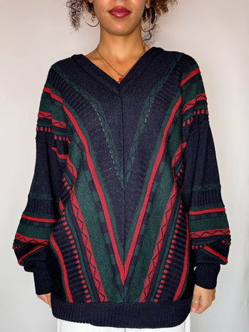 Pull col V avec lignes marine XL vintage