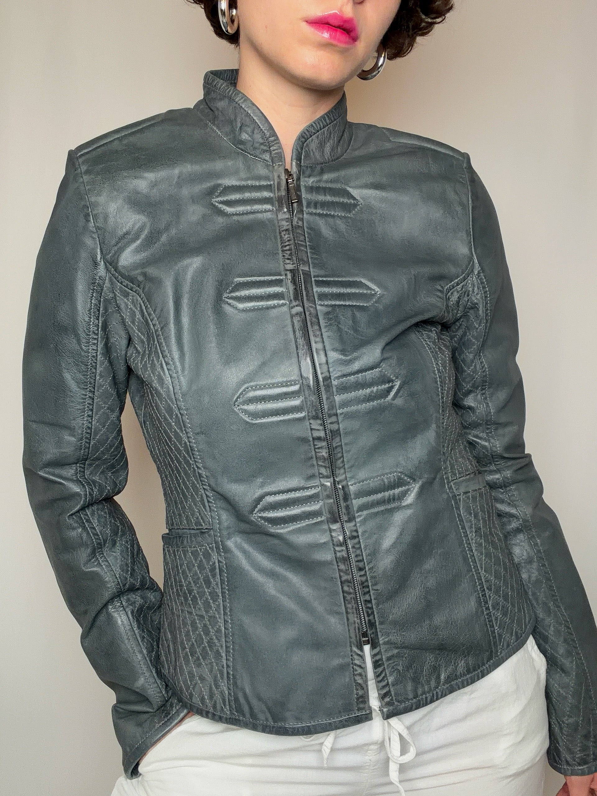 Veste en cuir grise S vintage
