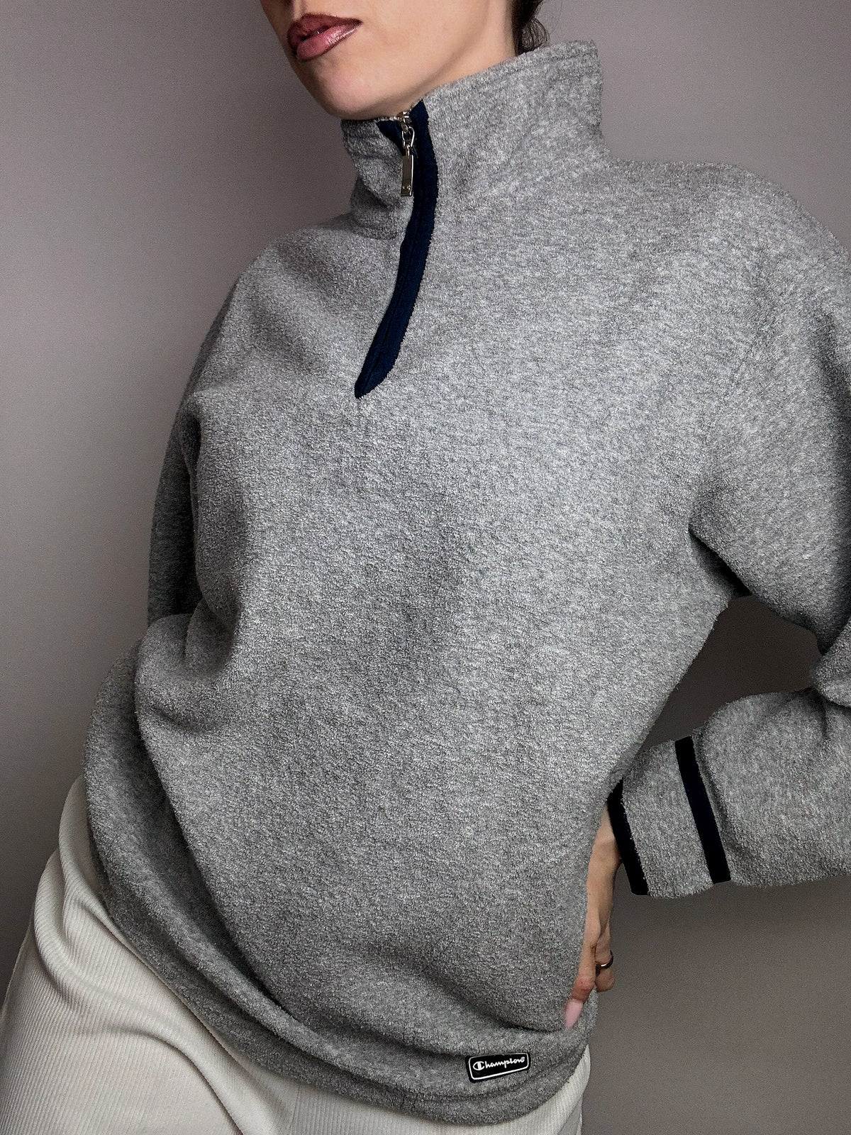 CHAMPION M Vintage Grey Zip-Neck Fleece