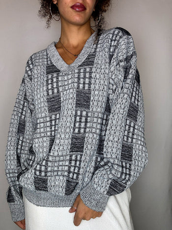 Pull col V gris graphique S/M vintage