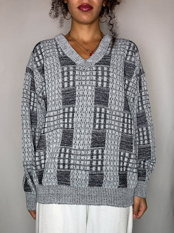 Pull col V gris graphique S/M vintage