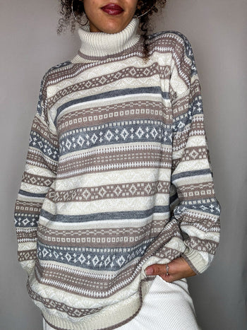 Pull col roulé graphique S vintage
