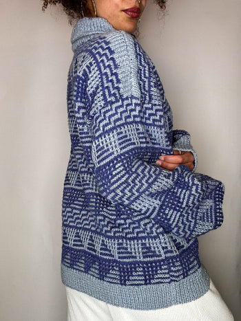 Pull col montant graphique gris et bleu M/L vintage