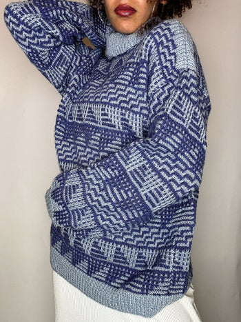 Pull col montant graphique gris et bleu M/L vintage