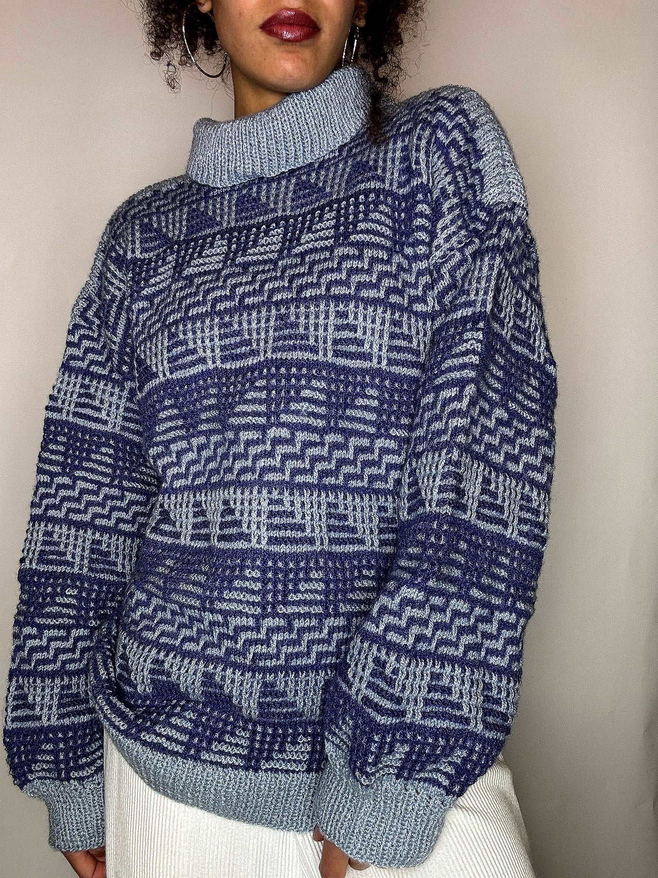 Pull col montant graphique gris et bleu M/L vintage
