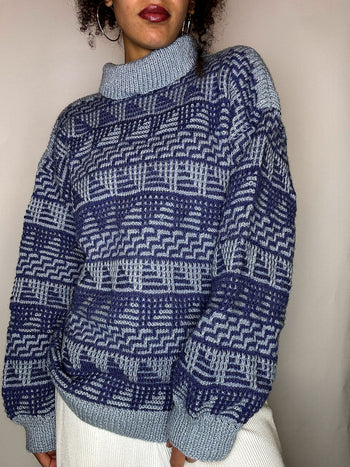 Pull col montant graphique gris et bleu M/L vintage