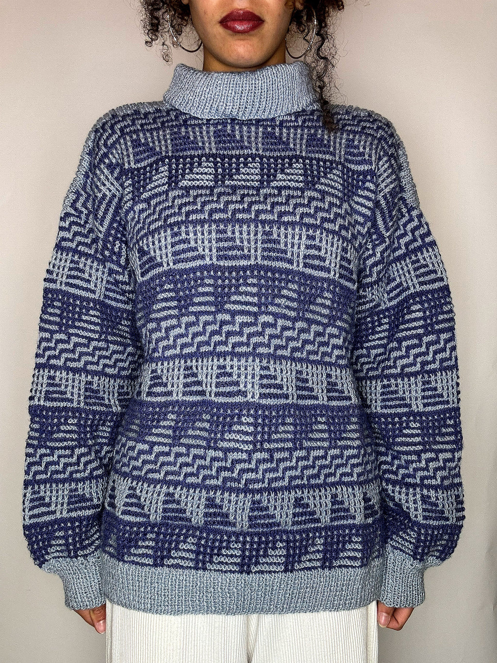 Pull col montant graphique gris et bleu M/L vintage