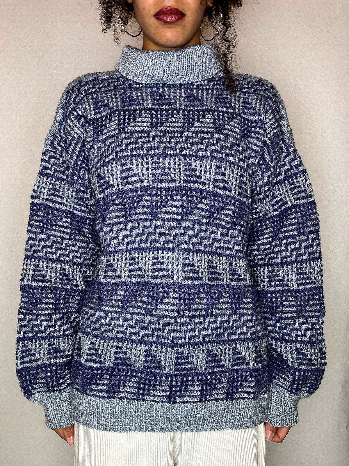Pull col montant graphique gris et bleu M/L vintage
