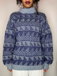 Pull col montant graphique gris et bleu M/L vintage