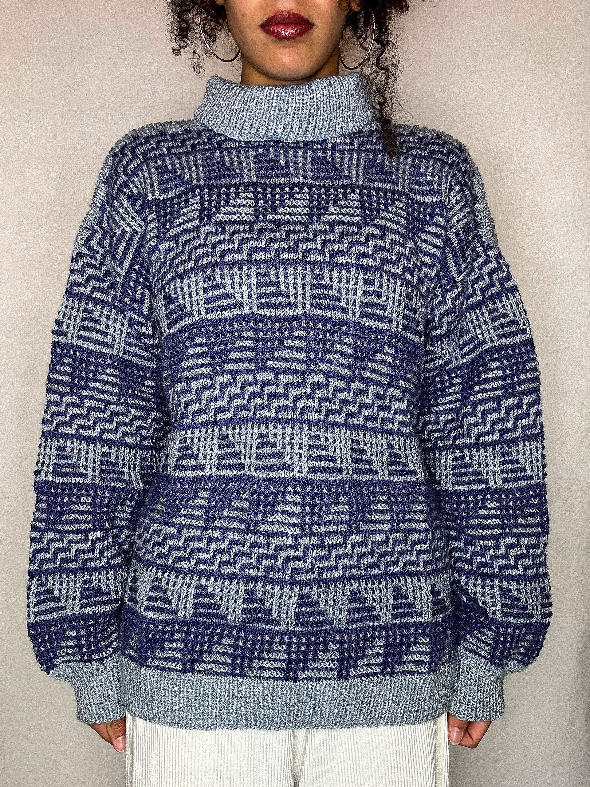 Pull col montant graphique gris et bleu M/L vintage