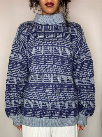 Pull col montant graphique gris et bleu M/L vintage