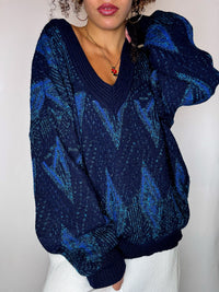 Pull col V bleu avec graphisme M/L vintage