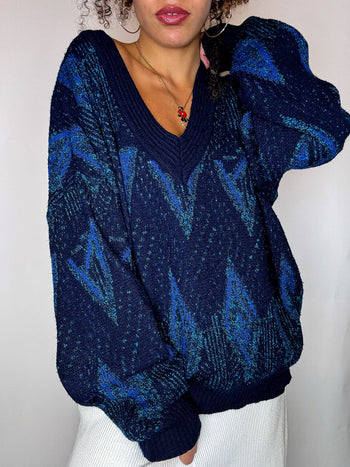 Pull col V bleu avec graphisme M/L vintage