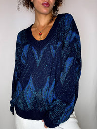 Pull col V bleu avec graphisme M/L vintage