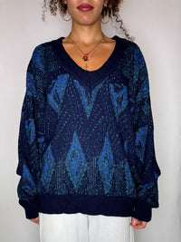 Pull col V bleu avec graphisme M/L vintage