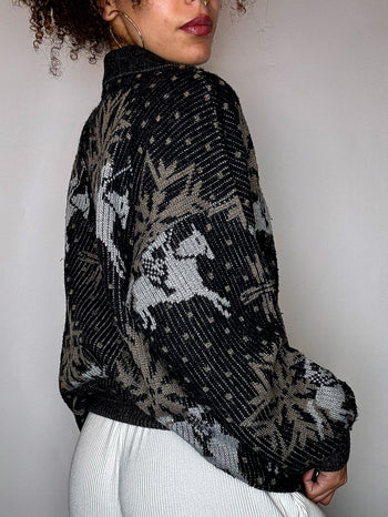 Pull col chemise noir avec graphisme M/L vintage