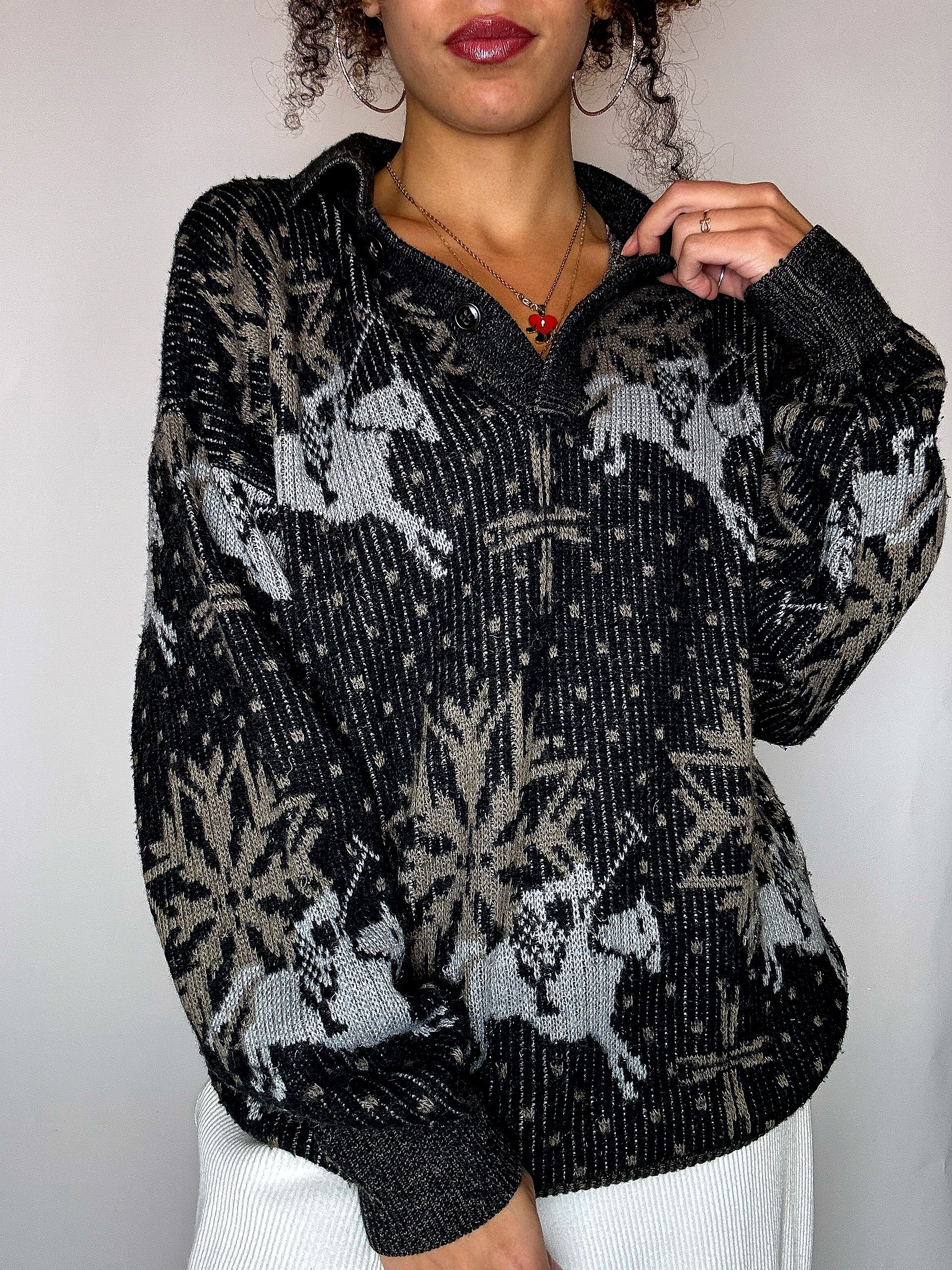 Pull col chemise noir avec graphisme M/L vintage