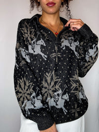 Pull col chemise noir avec graphisme M/L vintage