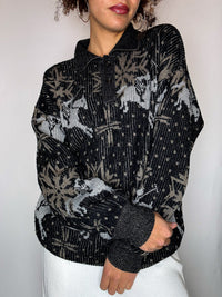 Pull col chemise noir avec graphisme M/L vintage