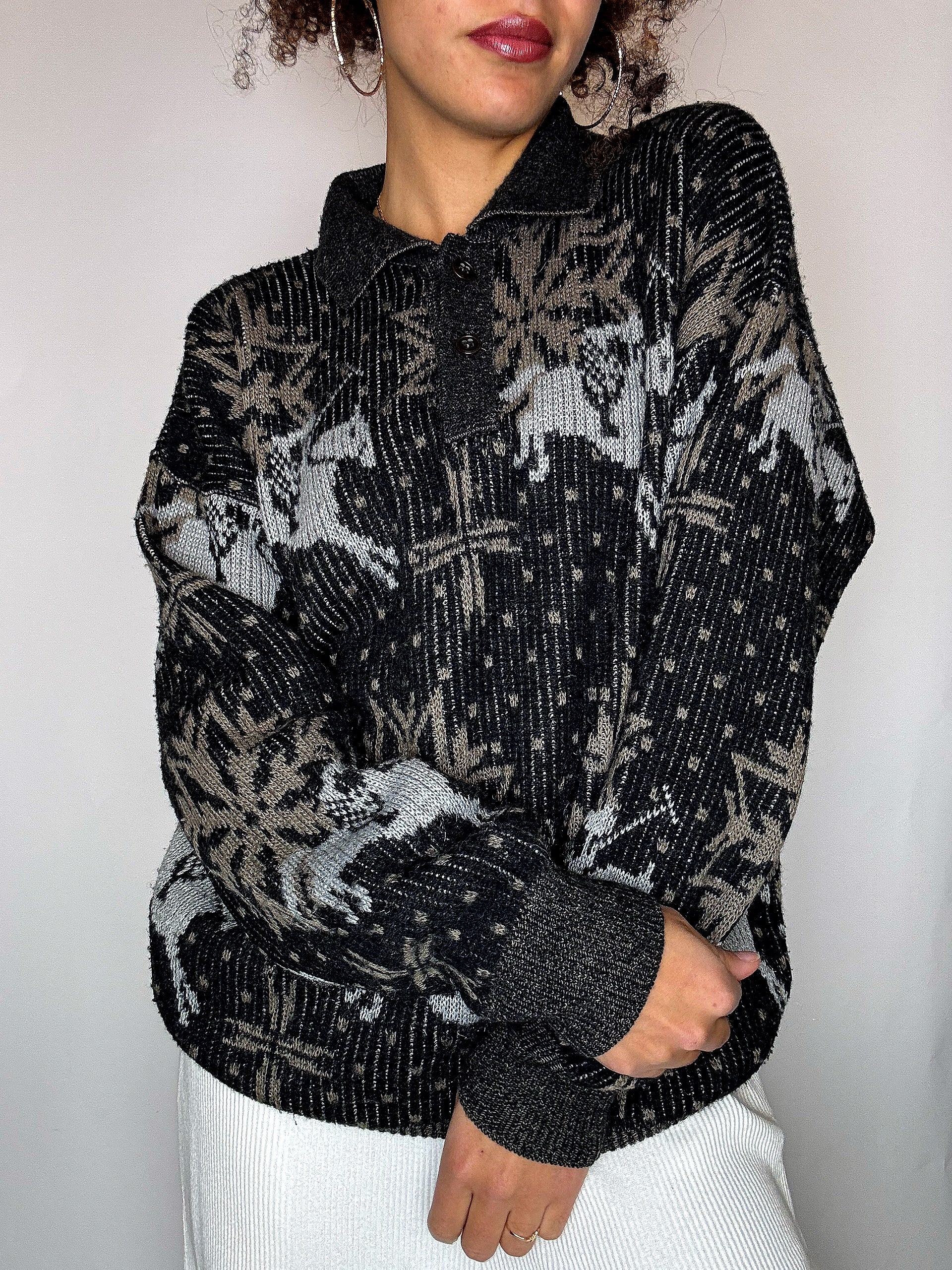 Pull col chemise noir avec graphisme M/L vintage