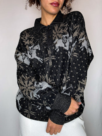 Pull col chemise noir avec graphisme M/L vintage