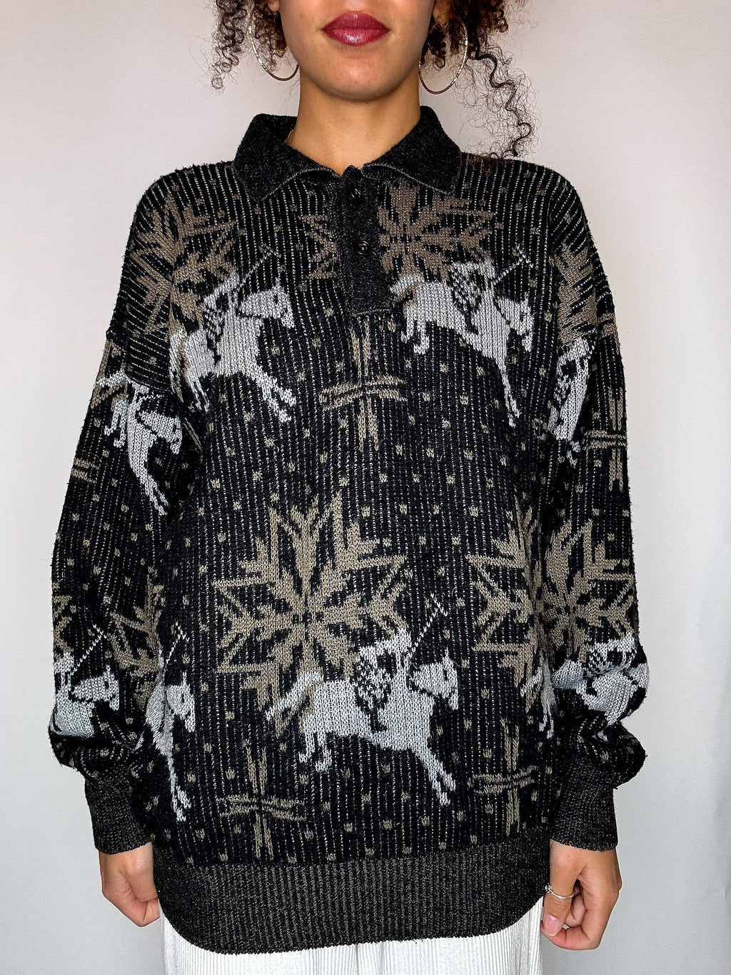 Pull col chemise noir avec graphisme M/L vintage