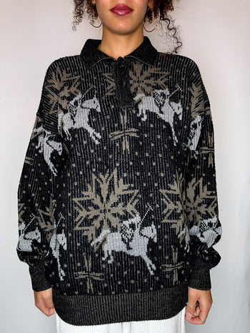 Pull col chemise noir avec graphisme M/L vintage