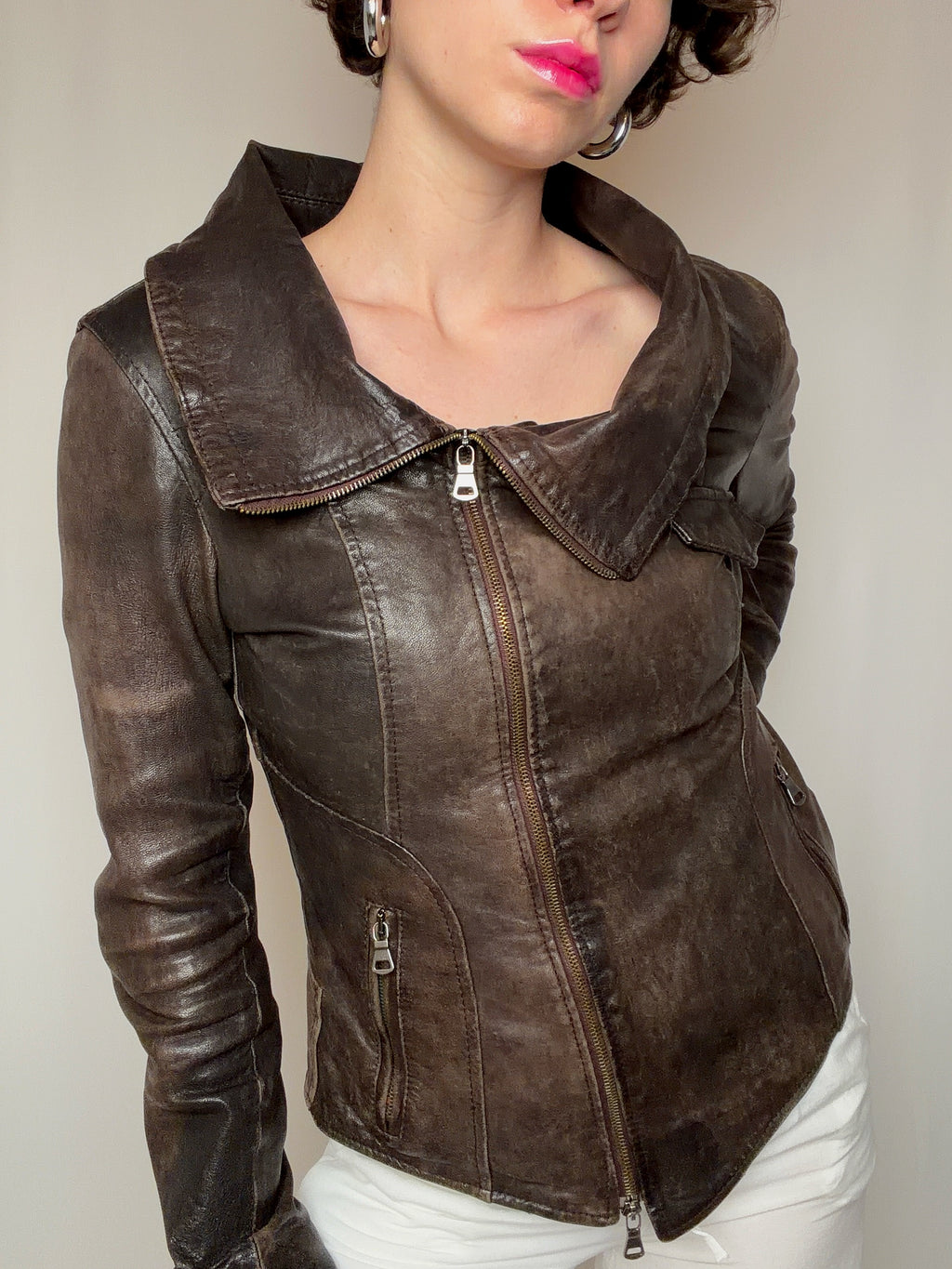 Veste en cuir cintrée brune S vintage