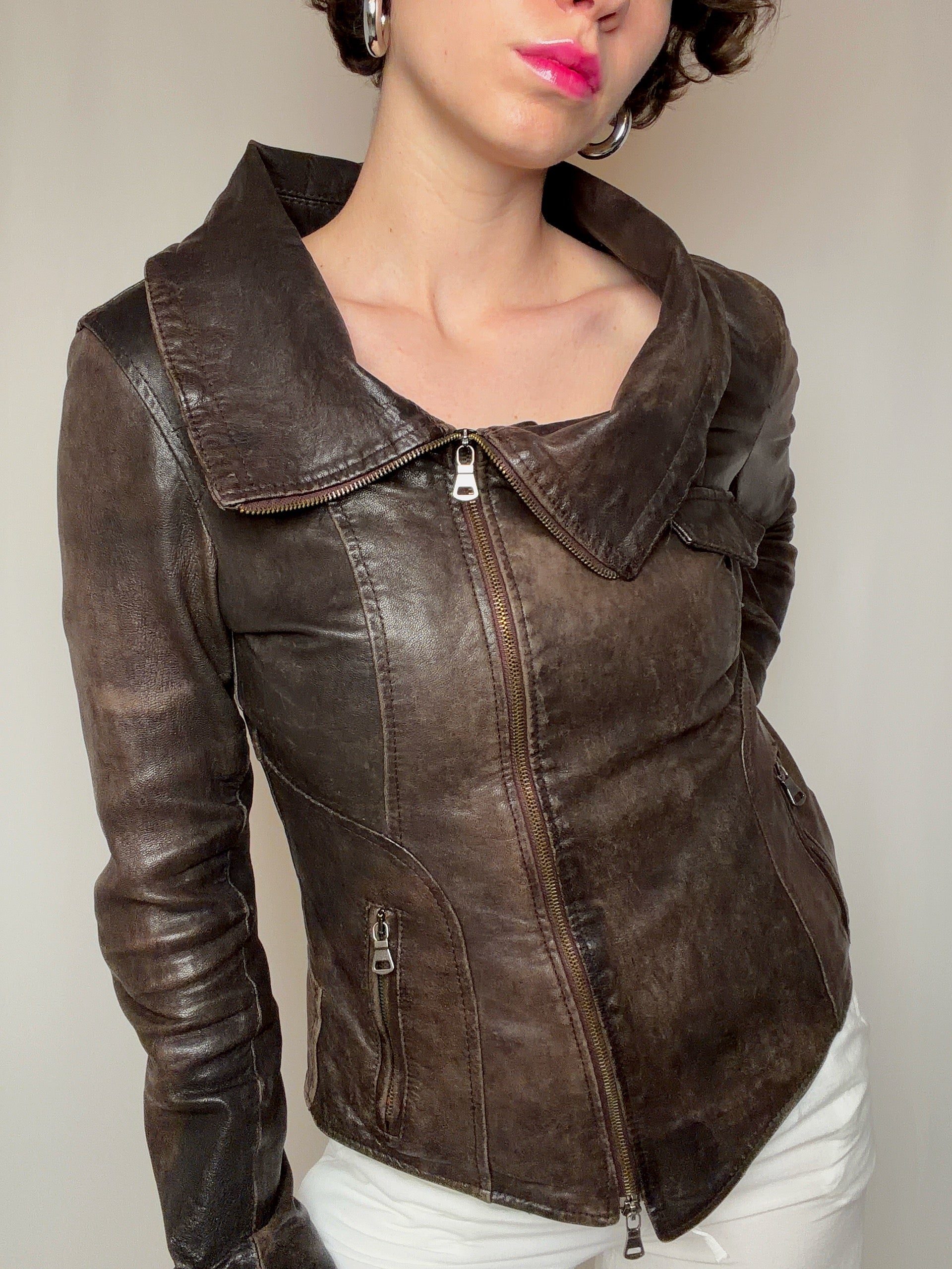 Veste en cuir cintrée brune S vintage