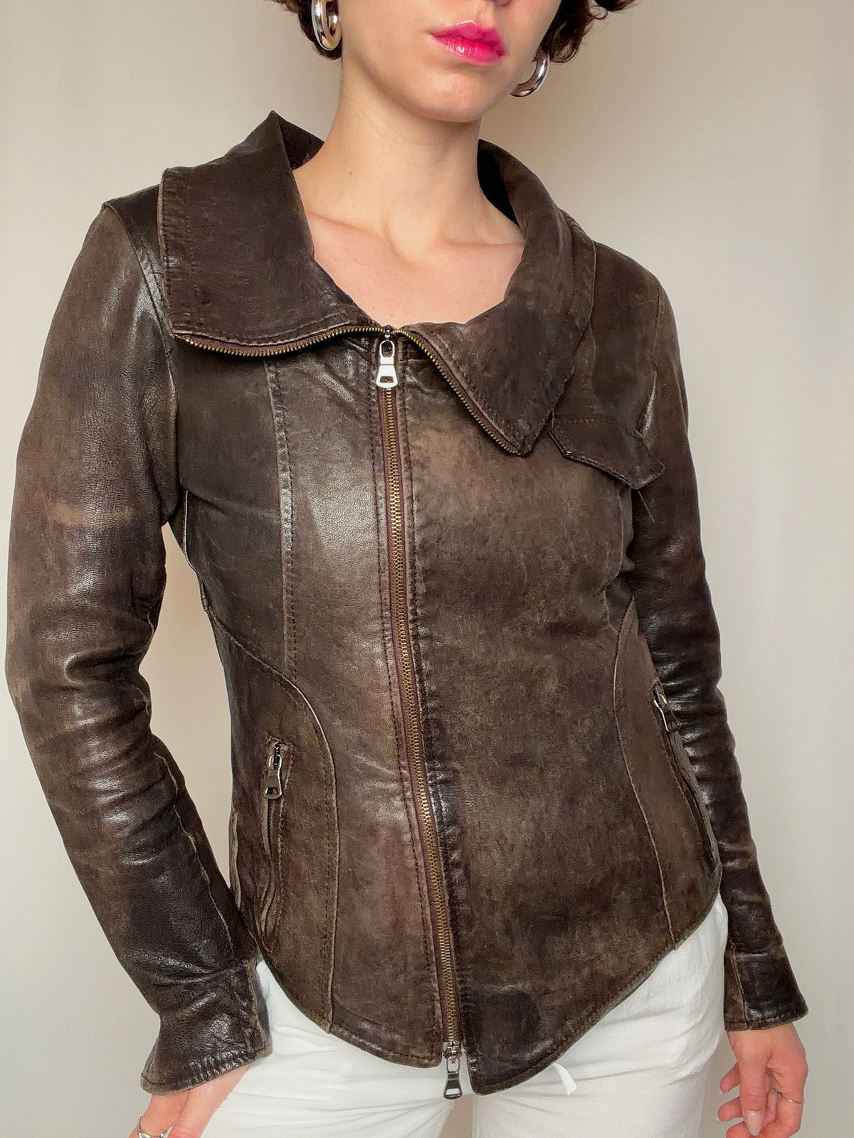 Veste en cuir cintrée brune S vintage
